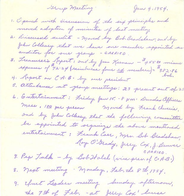 Hand written meeting minutes. Top reads Group Meeting Jan 4, 1954
