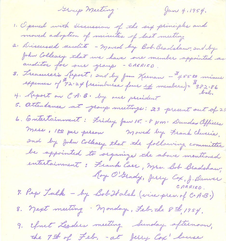 Hand written meeting minutes. Top reads "Group Meeting Jan 4, 1954"