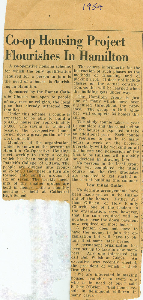 An article from 1954 titled "Co-op Housing project Flourishes in Hamilton."