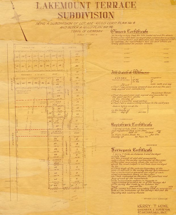 Colour scan of the Lakemount Terrace subdivision plan. The subdivision plan is on the left with the house numbers and on the right are the certificates needed to build