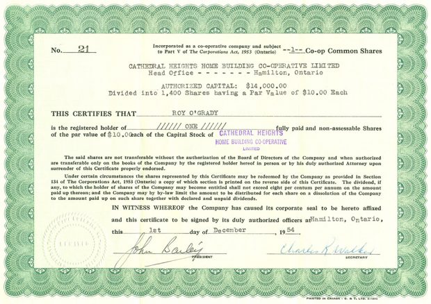 Colour scan of a Stock certificate to Roy O'Grady for the Cathedral heights home building Co-Operative Limited worth $10