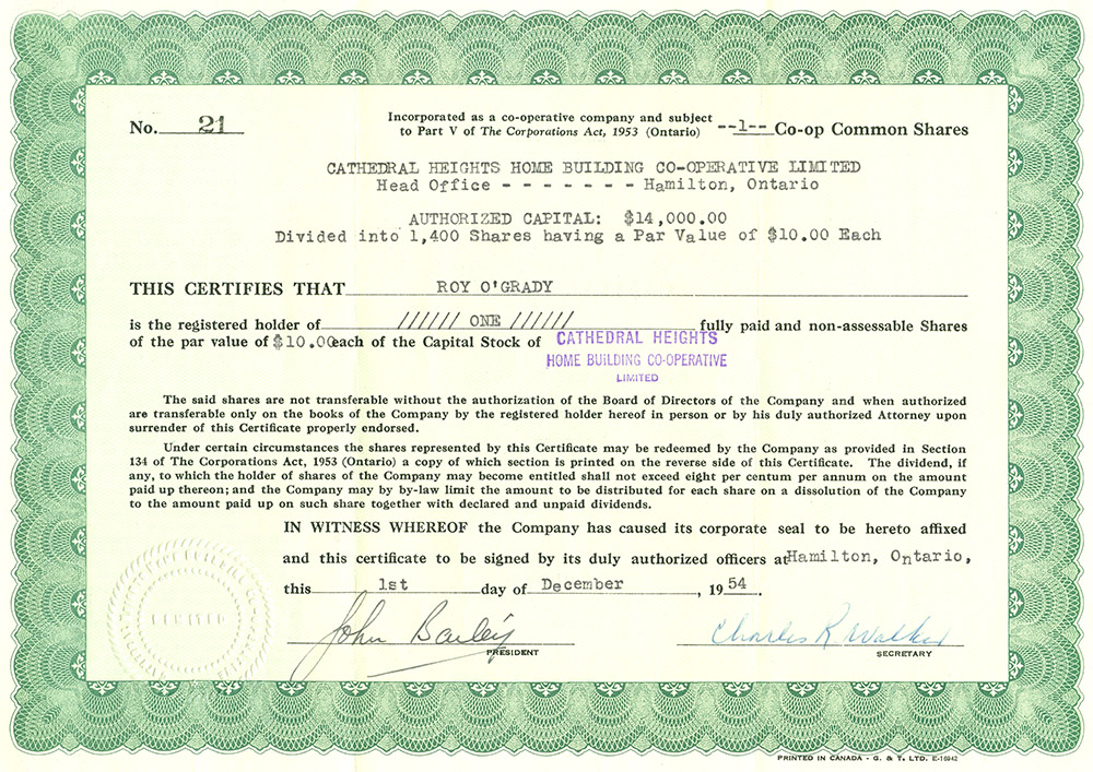 Colour scan of a Stock certificate to Roy O'Grady for the Cathedral heights home building Co-Operative Limited worth $10