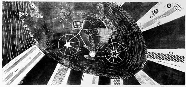 Art piece - An etching of a boy on a bicycle