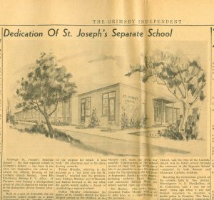 Newspaper article from the Grimsby independent on the dedication of St Joseph's school. Title 