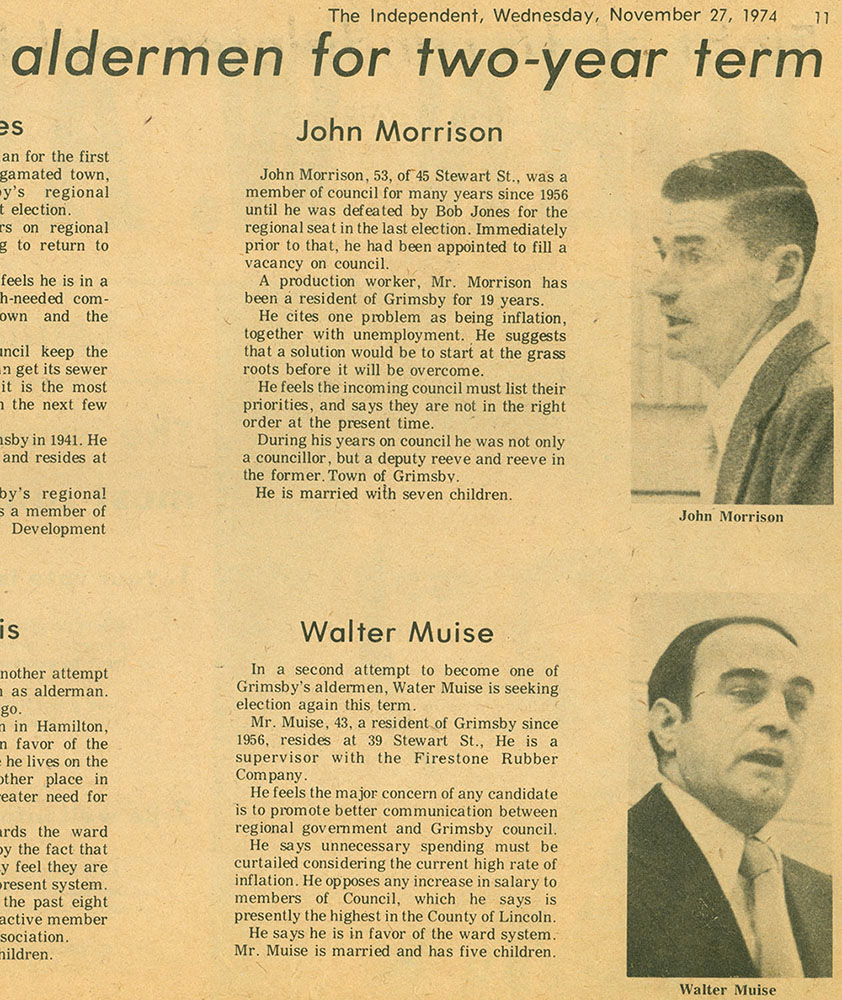 Newspaper article about two men running for Alderman Title "Alderman for two year term" - John Morrison and Walter Muise