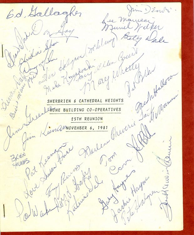 Colour photograph of Sherbrien and Cathedral heights home building Co-operatives 25th reunion November 6, 1981 it is hand signed with many names