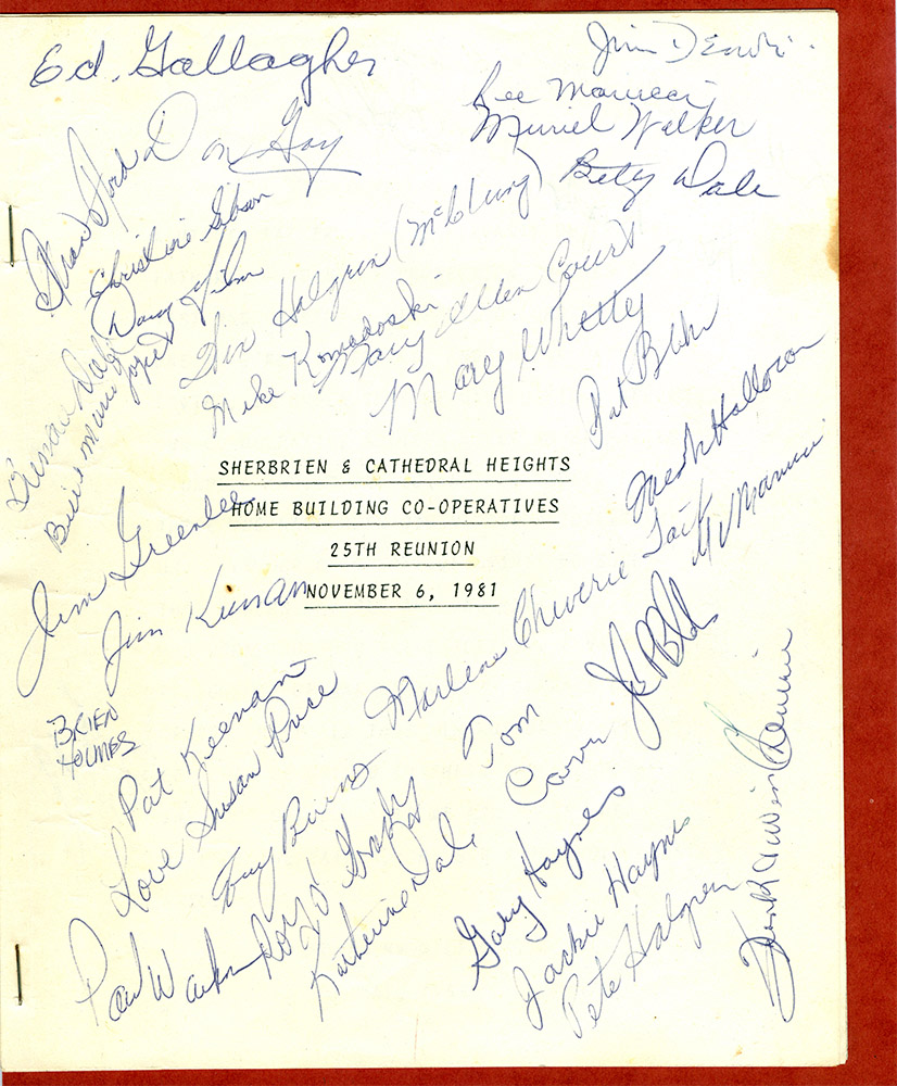 Colour photograph of "Sherbrien and Cathedral heights home building Co-operatives 25th reunion November 6, 1981" it is hand signed with many names