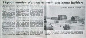 Article de presse, au sujet du 25e anniversaire prévu pour les constructeurs du quartier nord ; photo du chantier de construction.