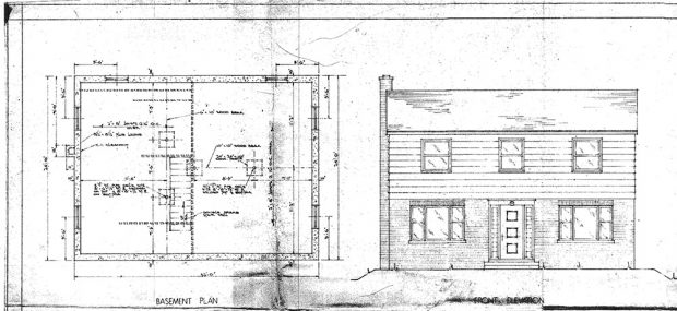 Black and white drawing of a house plan. Interior drawing of the basement plan and the front elevation