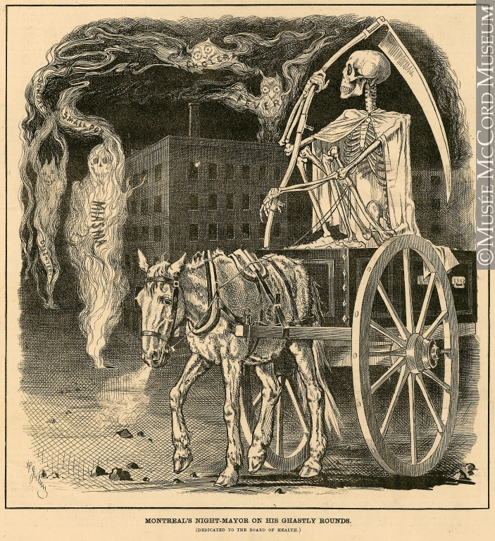 Period print of the Grim Reaper on a horse-drawn cart in the streets of Montreal, overlooking the vapours (miasma) containing inscriptions of dysentery, typhoid, smallpox, cholera and fever