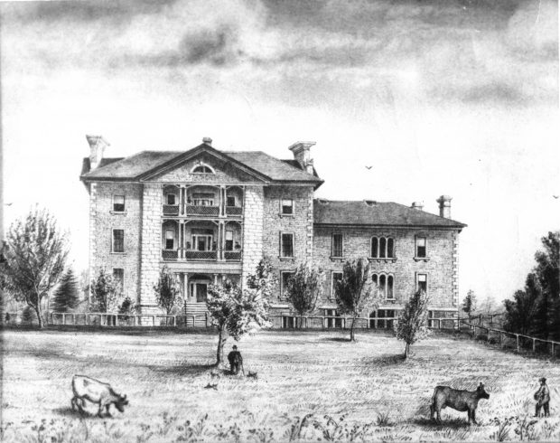 Period drawing of KGH and the Watkins Wing addition in the 1860s, depicting a large front grounds with trees, two cows, and two people