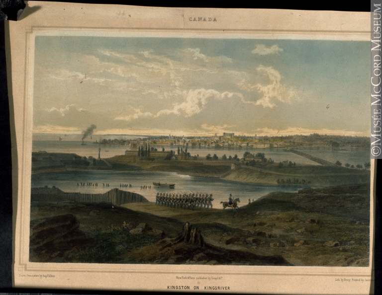 Kingston in the 1860s-Artist's image of Kingston's military barracks and cityscape painted from the grassy banks of Kingsriver with military men marching on the foreground