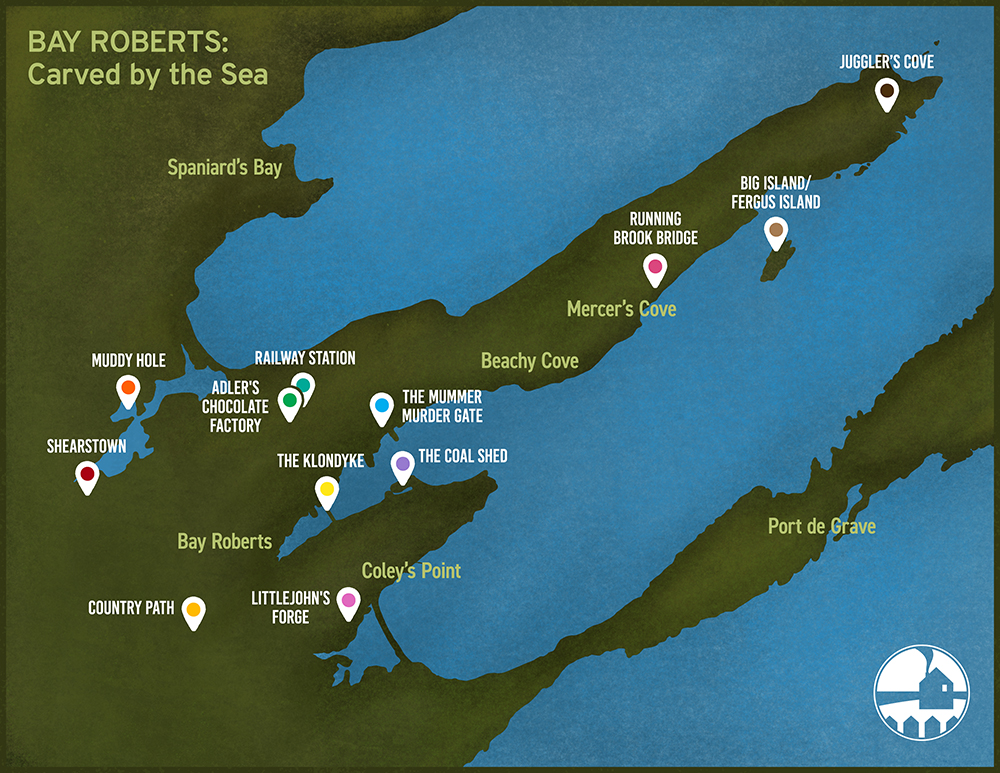 An illustrated map of Bay Roberts.