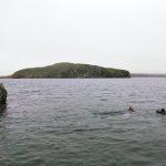 Divers with Big Island behind them