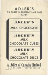 A black and white print advertisement for Adler’s Chocolate.