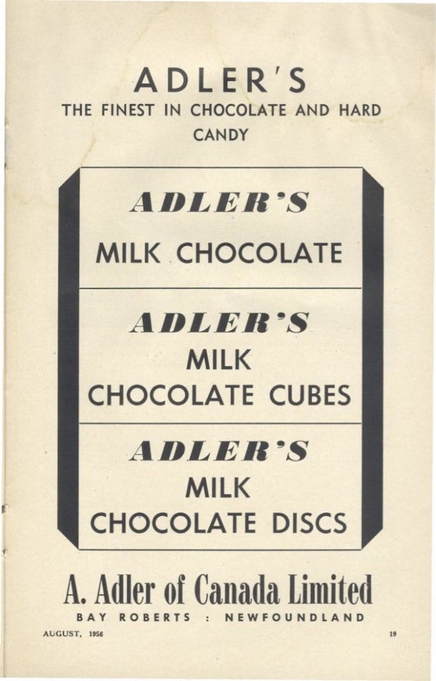 A black and white print advertisement for Adler’s Chocolate.