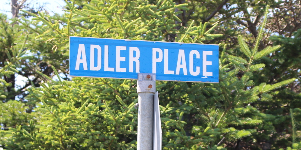 A colour photograph of the Adler Place street sign, atop a metal pole, with a spruce tree in the background.