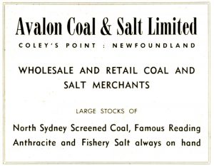 A print advertisement for Avalon Coal & Salt Ltd, Wholesale and Retail Coal and Salt Merchants.