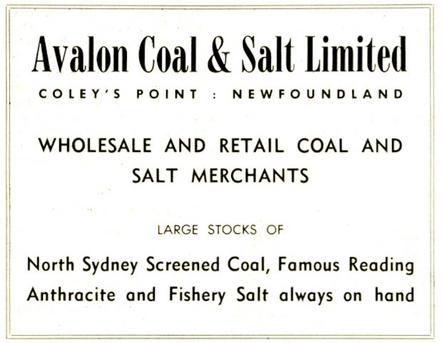 A print advertisement for Avalon Coal & Salt Ltd, Wholesale and Retail Coal and Salt Merchants.