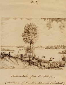 Drawing of people, trees, and house overlooking lake