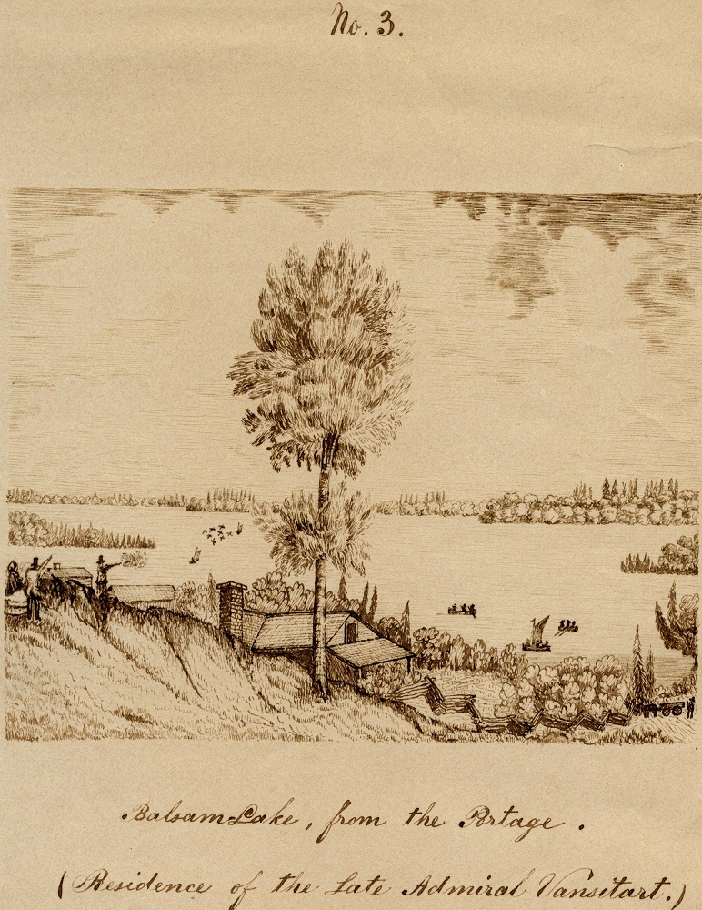 Drawing of people, trees, and house overlooking lake