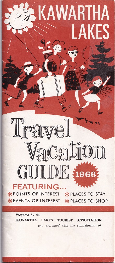 Archival document printed in black and orange ink showing caricatures of parents and children carrying luggage on cover