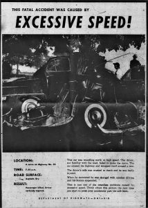 Archival document printed in black ink and showing photograph of damaged vintage car beside tree with text printed above and below picture