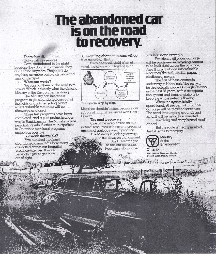 Archival document printed in black ink and showing picture of an abandoned vintage vehicle in a field with text and diagram printed above