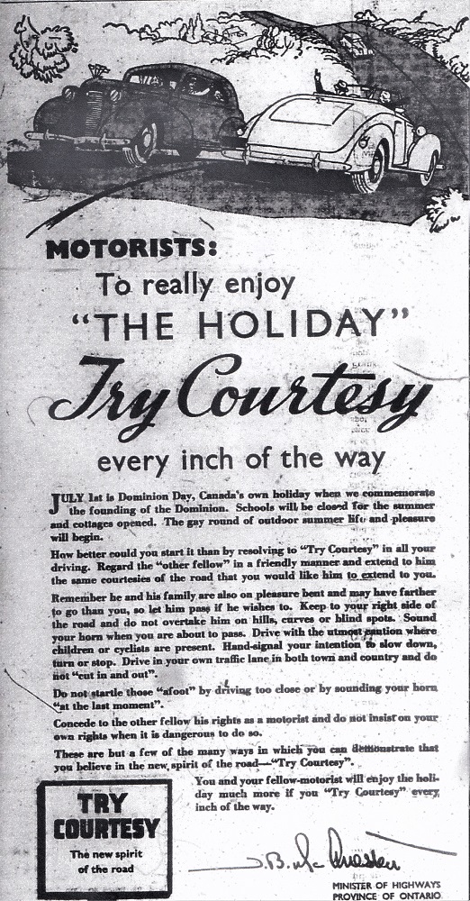 Archival document printed in black ink and showing illustration of cars passing each other with column of text printed below