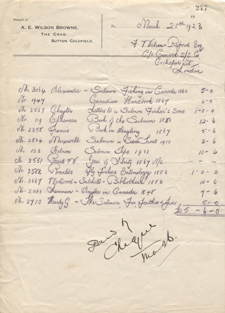 Hand written invoice from 1923 for 12 fishing books from A. E. Wilson Browne to Robert Wilson Reford