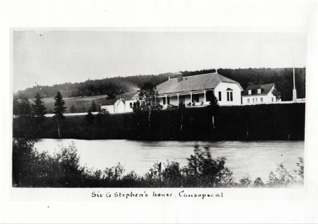 Silver print of Sir George Stephen’s Fishing Camp and the Matapedia river at Causapscal.