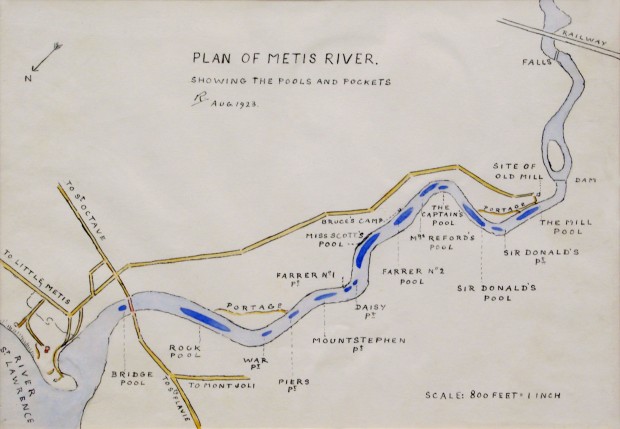 Lady Aileen Roberts draw by hand map, illustrating each of the pools of the Metis river, from the mouth to the falls.