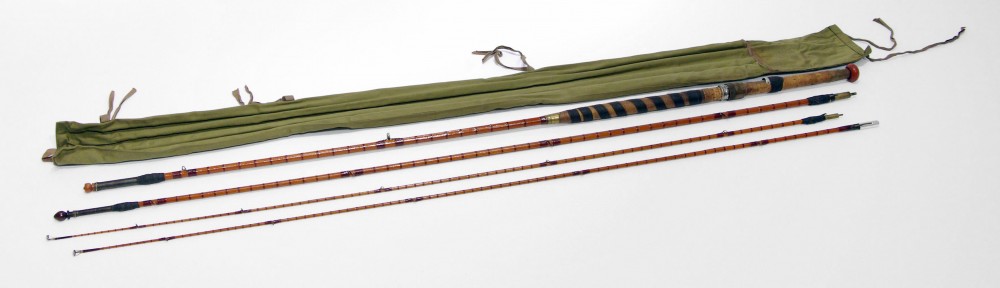 16-foot Bamboo fishing rod made by Hardy Bros, crafted and tuned to allow for the right weight and balance, reinforced by being wrapped with fine string.