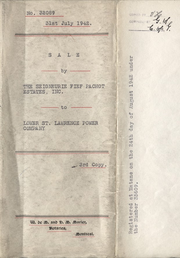 Title page of the sale contract of the seigneurie Fief Pachot to the Lower St. Lawrence Power Company