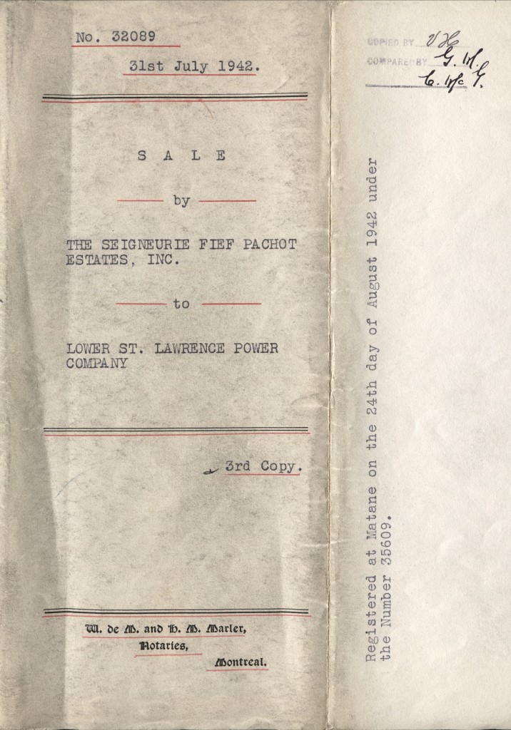 Title page of the sale contract of the seigneurie Fief Pachot to the Lower St. Lawrence Power Company