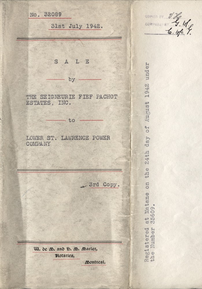 Page couverture du contrat de vente de la Seigneurie Fief Pachot à la Compagnie du Pouvoir du Bas-Saint-Laurent.