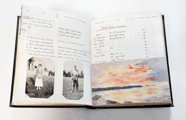 Elsie Reford's fishing book, open at a page showing handwritten salmon fishing records, black and white portraits of a man and woman, and a watercolour of the Métis at either sunset or dawn.