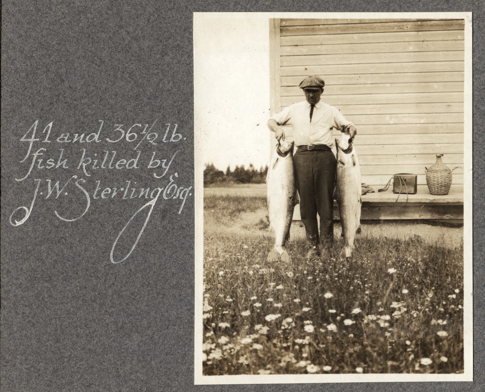 Épreuve argentique de John W. Sterling montrant deux spectaculaires saumons.