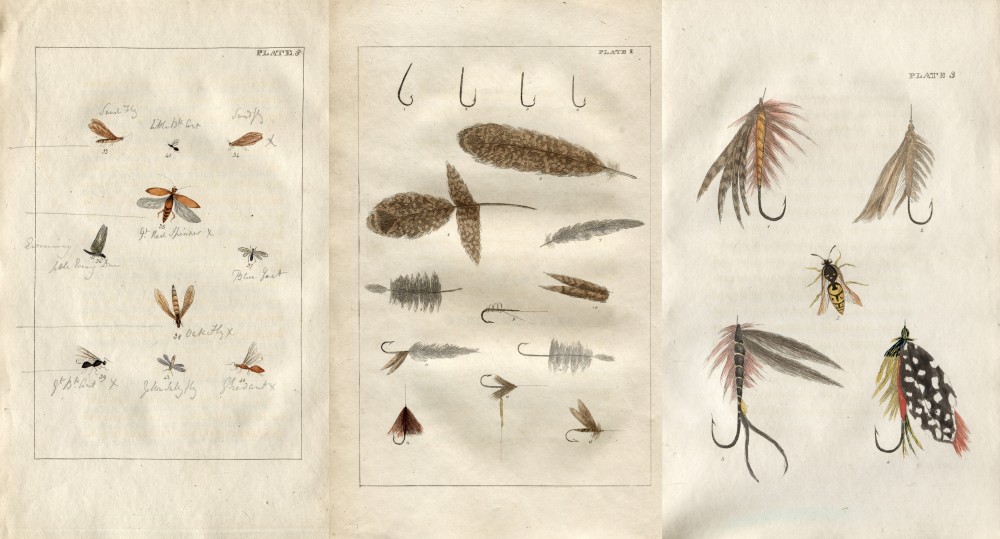 Print plates of various fishing flies, flies and feathers from a 1816 book, that were used by fly fishermen.