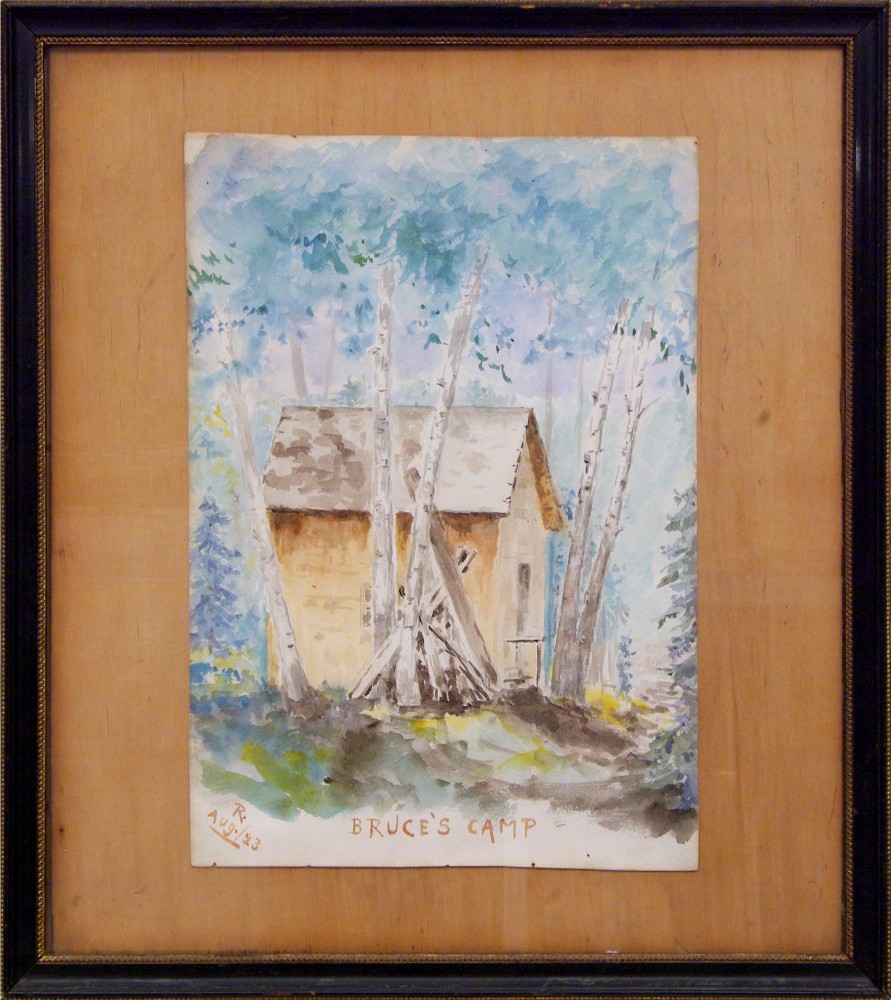 Watercolour of Robert Wilson Reford of Bruce's Camp. It's a simple camp made of spruce beams and clothed in cedar shingles, on the bank of the Metis River.