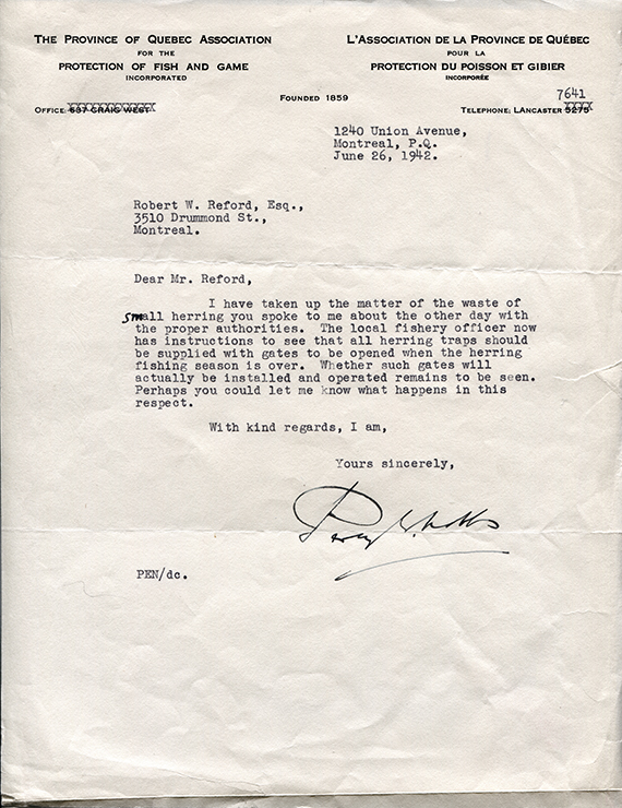 Letter from the president of the Province of Quebec Association for the Protection of Fish and Game to Robert Wilson Reford.