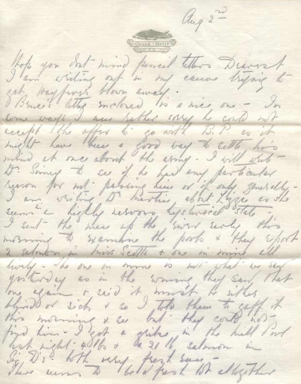 Extract of a letter from Elsie Reford to her husband Robert Wilson Reford about her success fishing on the Metis River.