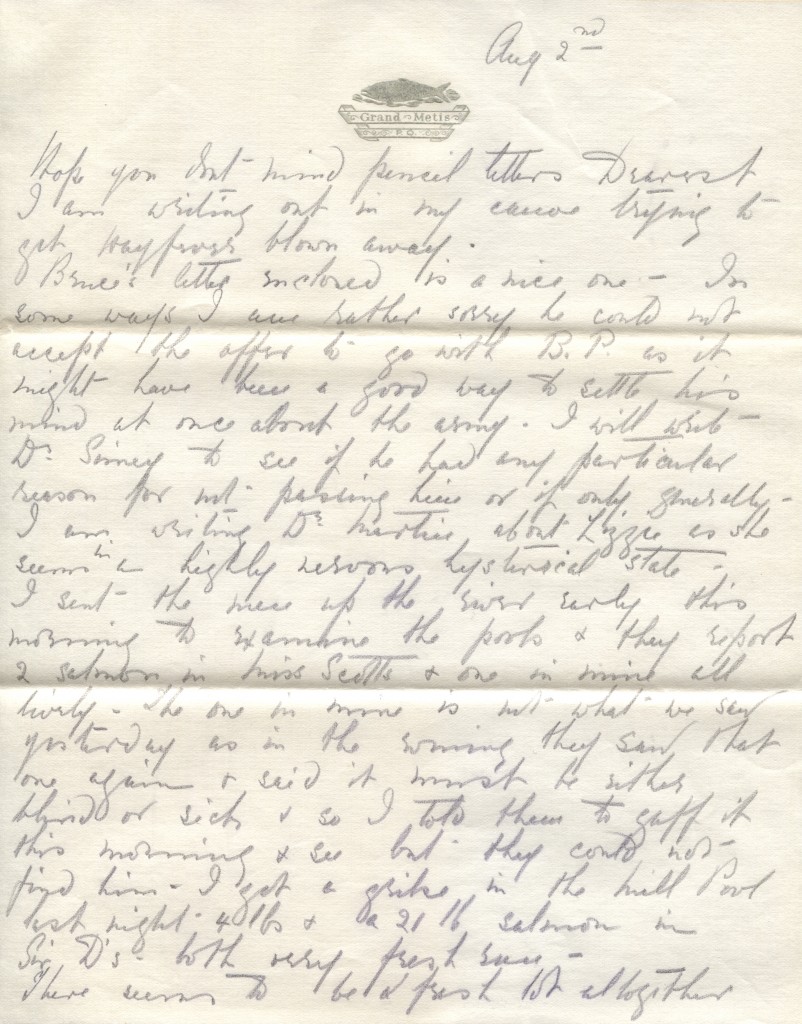 Extract of a letter from Elsie Reford to her husband Robert Wilson Reford about her success fishing on the Metis River.