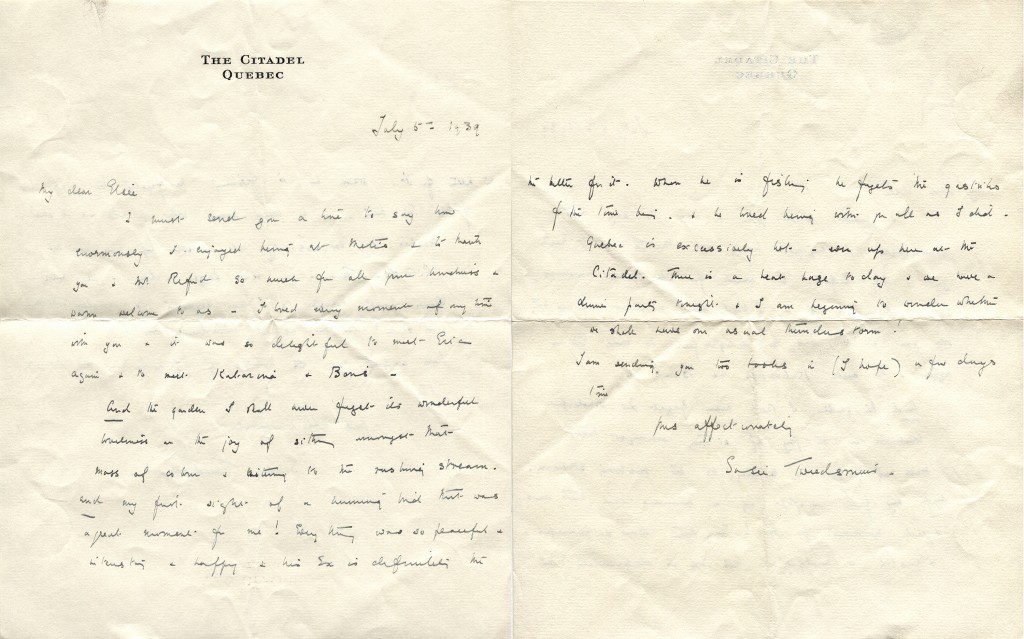 Hand written letter dated of july 5th 1939, written by the wife of Governeur General of Canada Lord Tweedsmuir, Susie Tweedsmuir