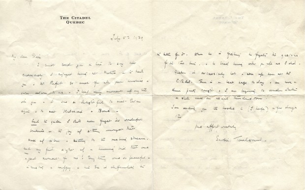 Hand written letter dated of july 5th 1939, written by the wife of Governeur General of Canada Lord Tweedsmuir, Susie Tweedsmuir