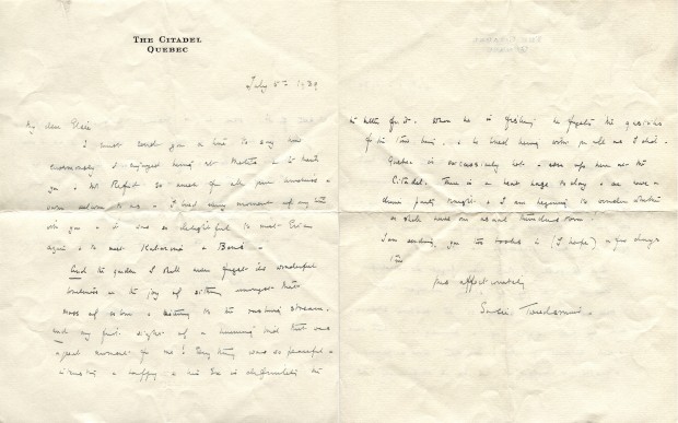 Hand written letter dated of july 5th 1939, written by the wife of Governeur General of Canada Lord Tweedsmuir, Susie Tweedsmuir