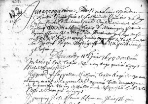 Extrait d’un document d’archives manuscrit en noir et blanc tiré d’un procès pour pillage intenté contre Mathurin Tessier dit Maringouin.