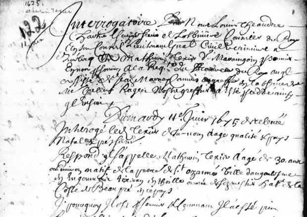 Excerpt from a black and white handwritten archival document from a trial for pillage against Mathurin Tessier said to be Maringouin.