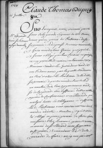 Extrait d’un document d’archives manuscrit décrivant une ordonnance de l’intendant Claude Thomas Dupuy interdisant aux habitants de Sainte-Anne de faire moudre leur grain ailleurs qu’au moulin de la seigneurie en conformité de leurs contrats de concession.