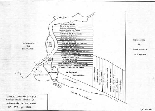 Approximative black and white cadastral map of lands granted in Sainte-Anne seigniory between 1672 and 1681 with the owner’s name on each of them.